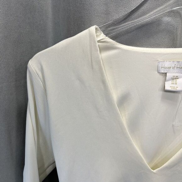 House of Harlow 1960 Bodysuit Medium Ivory Ribbed Diamond V-Neck Timeless Style - Picture 5 of 14